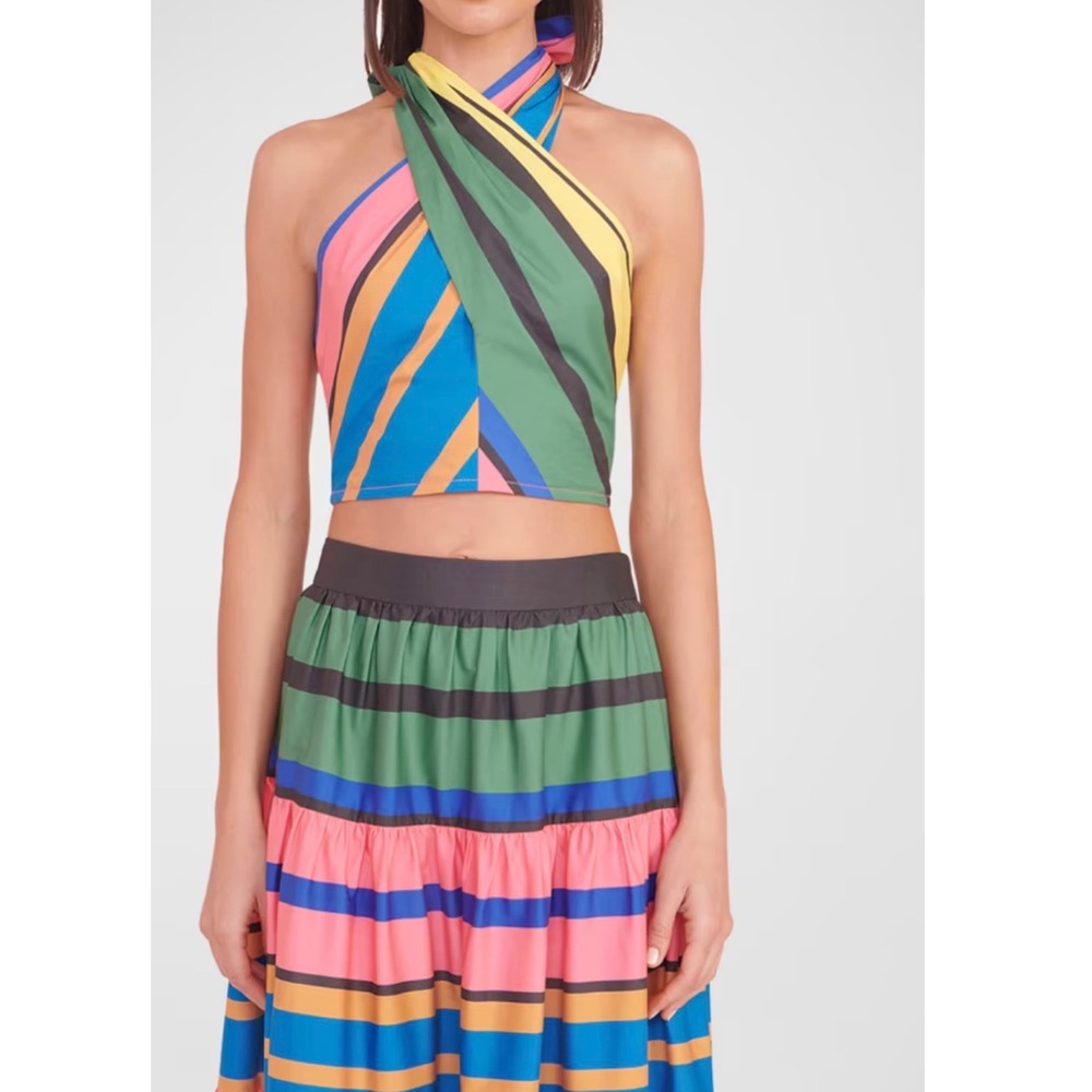 Staud Kai Poplin Crossover Cropped Halter Top Multi Color Striped Size Large